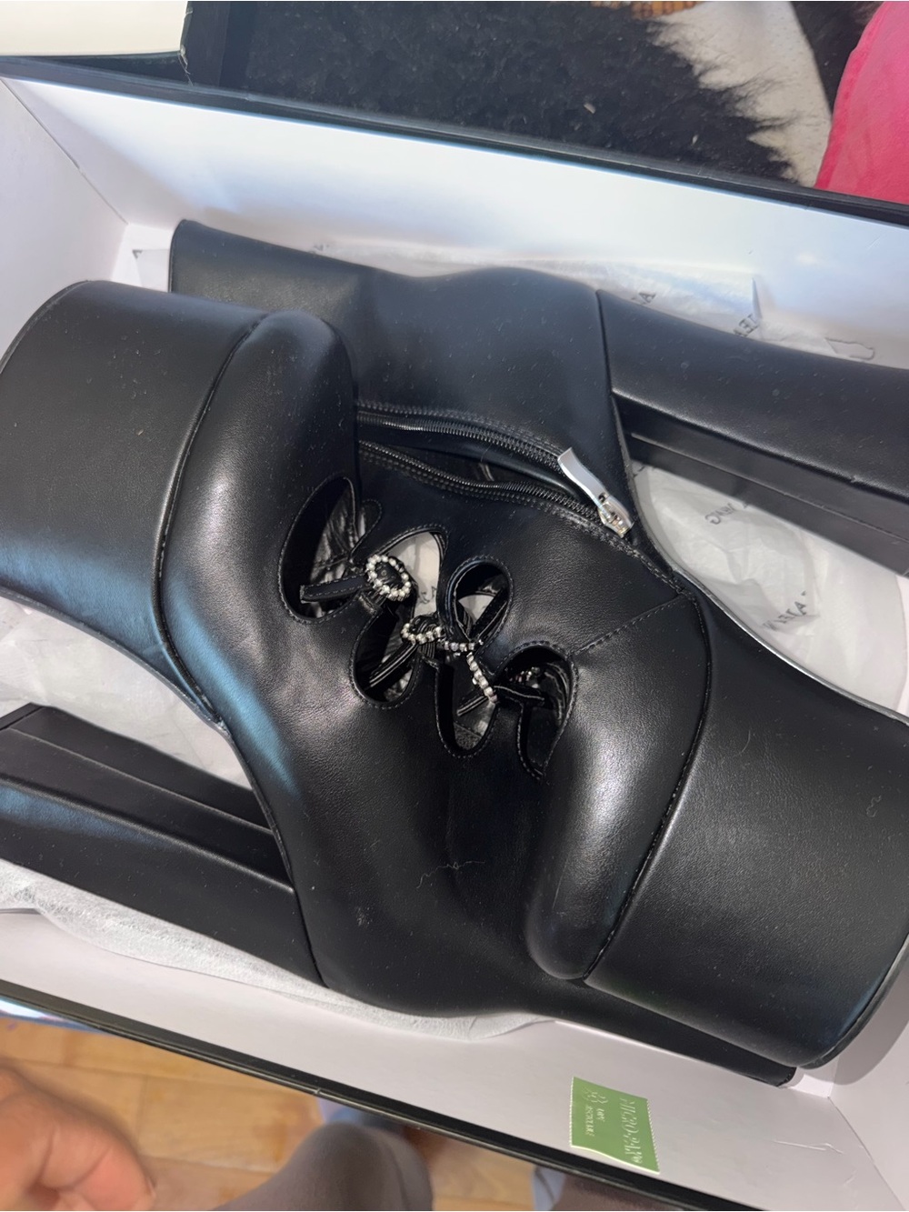 Black Platform Ankle Booties with Rhinestone Lace Detail